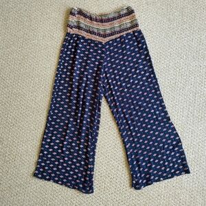 True Destiny Smocked Waist Boho Wide Leg Crop Pants Blue M